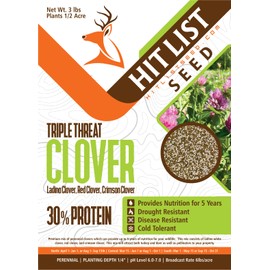 HIT LIST SEED® Triple Threat Clover Food Plot Seeds for Deer [Perennial] - Deer Food Plot Seed Perennial - Deer Plot Seed Mix - Ladino/Red/Crimson Clover - Spring, Summer & Fall Planting - 3 lbs