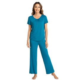 WiWi Women's Viscose from Bamboo Short Sleeve Pajama Set Soft Pants Lounge Sets Comfy Sleepwear S-XXL, Teal Blue, Large