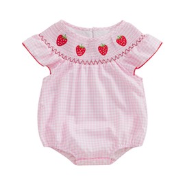 Kayotuas Newborn Baby Girls Smocked Bubble Romper Cute Embroidery Ruffle Gingham Bodysuit Dress Infant Toddler Summer Clothes (Pink Strawberry, 12-18 Months)