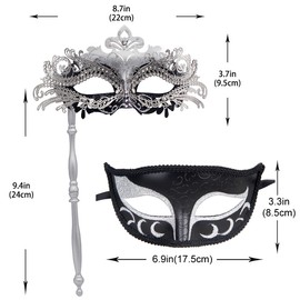 IETANG Couple Mardi Gras Mask Venetian Masquerade Mask Set Party Costume Accessory (On Stick-F-silver&black)
