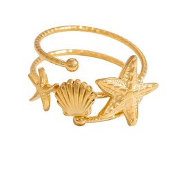 Bohemian Starfish Shell Finger Statement Ring for Women Gold Plated Dainty Seashell Star Wrap Open Adjustable Layered Thin Band Stacking Comfort Fit Stainless Steel Summer Beach Ocean Holiday Jewelry