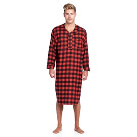 Ashford & Brooks Mens Flannel Plaid Long Sleep Shirt Henley Nightshirt, Red Check, 2X-Large