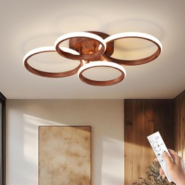 Dimmable LED Semi Flush Mount Ceiling Light Fixture with Remote Control 3-Color Dimming Circle Modern Chandelier, Close to Ceiling Bedroom Kitchen Hallways Balcony Corridor Lamp (4 Ring Wood)