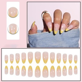 24PCS Almond Press on Nails Medium Fake Nails Yellow French Nail Star and Heart-Shaped Pattern Acrylic False Nail Design Full Cover Stick on Nails Glue on Nails for Women and Girls DIY
