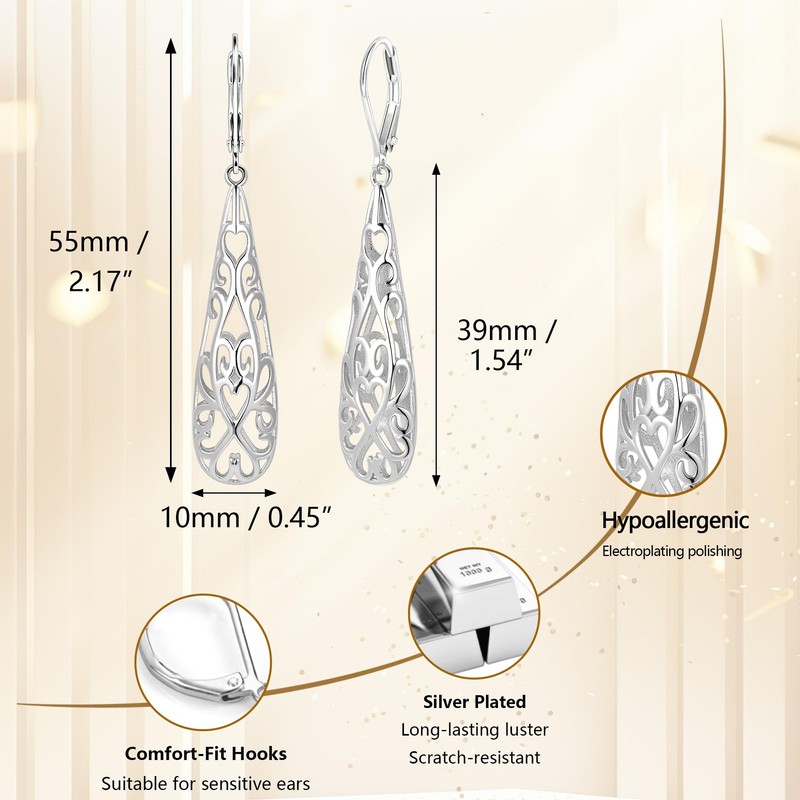 Silver Long Filigree Teardrop Dangle Earrings for Women