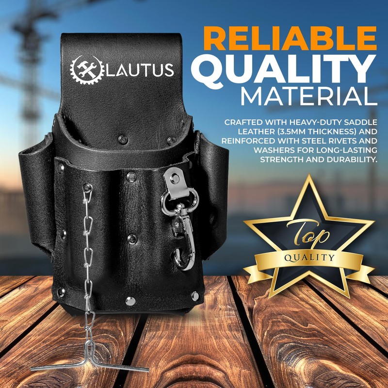 LAUTUS Electrician Full Top Grain Leather Tool Pouch; 5 Pocket
