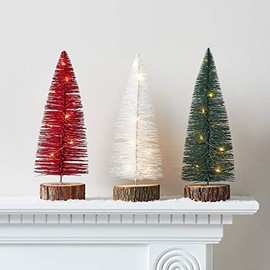 Lights4fun Set of 3 Festive Colours Artificial Light Up LED Bottle Brush Mini Christmas Trees Wooden Base Indoor Decoration