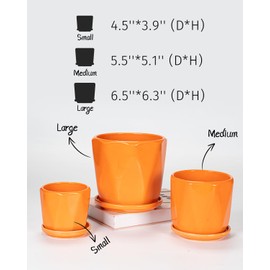 Sin wings Ceramic Plant Pots, 6.7 + 5.3 + 3.9 Inch Octagon Pots for Plants, Flower Planters for Indoor with Drainage and Saucer Set of 3, Bright Orange