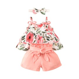HEOXIN Baby Girl Clothing Sets, Flower Pattern Bow Knot Decorative Garter Top, Bow Knot Headband Drawstring Stretch Shorts, Summer Clothing Set, Girl Clothes, Pink, 3-24 Months, pink, 3 - 6 months
