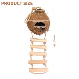Gecko Coconut Husk Hut, Natural Coconut Shell Bird Nest with Ladder Hanging Loop Reptile Hideouts Bird Hut Nesting House for Pet Parrot Leopard Gecko Reptiles