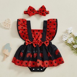 Newborn Baby Girl Summer Clothes Ruffle Fly Sleeve Romper Dress Onesie with Headband Toddler Infant Outfit (A Red Ladybug, 0-3 Months)
