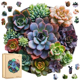 Wooden Puzzles for Adults,200 Pieces Round Mandala Succulent Plants,Extra Thick 5MM,Unique Shaped Liberty Jigsaw Puzzles for Adults and Kids, Family Game,Birthday Gifts,11.2x11.2 Inches