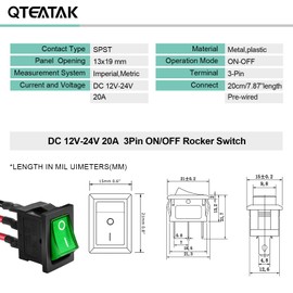 QTEATAK KCD1 SPST Pre-Wired On/Off 3-Pin 2-Position Snap DC 12V-24V 20A Green LED Boat Rocker Toggle Switch - 5Pack (Only for DC12-24V)