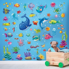 Prabahdak Decorative Fish Wall Stickers Under The Sea Fish and Coral Reef Wall Decals Peel and Stick Watercolor Ocean Creatures Wall Decor for Kid Baby Nursery Bedroom Bathroom Bedroom Living Room