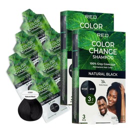 Red by Kiss Quick Cover Natural Herbal Color Change Shampoo 3 Pouches (2 PACK, Natural Black)