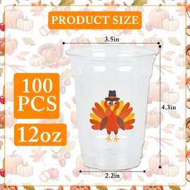 Thankgiving Plastic Cups Turkey Party Cups Autumn 12oz Disposable Clear Drinking Cups for Birthday Harvest Thanksgiving Fall Party Supplies (100, Turkey)
