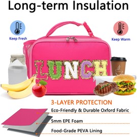 Insulated Lunch Box for School, Thermal Reusable Durable Freezable Lunch Bags for Kids Boys Girls Men Women - Small Soft Cooler Portable Lunch Tote Kit for Work Picnic Travel,Rose Red Alphabet
