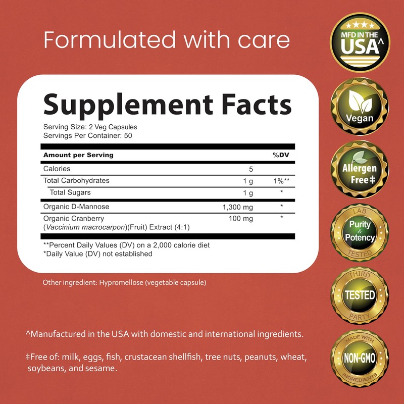 NaturaLife Labs Organic D-Mannose 1300mg + Organic Cranberry Extract 100mg
