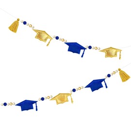 Blue Gold Graduation Decorations Pre-Strung Handmade Metallic Fabric Felt Grad Cap Banner Wool Felt Ball Wooden Beads Grad Hat Garland for Graduation 2025 Party Supplies Home Fireplace Mantle Decor