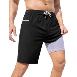 SILKWORLD Men's Swim Trunks Quick Dry Compression Lined 9 Inch Bathing Suit Summer Beach Shorts with Zipper Pocket Black 2XL