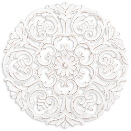 JFY Designs Blasius Wall Medallion | Floral Wall Hanging, Wooden Wall Art, Hanging Wall Decor | Farmhouse Wall Panel, Handcrafted Wall Sculpture for Your Office or Room | Round 24X24 / White