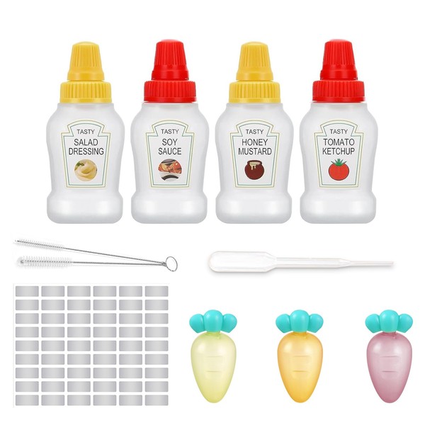 7 Pcs Mini Condiment Squeeze Bottle with A Set of Cleaning Tool, 54 Pcs Water-proof Oil-proof Food Labels, A Canned Auxiliary Straw, Leak Proof Mini Squeeze Bottle Ketchup Container for Kids Lunch