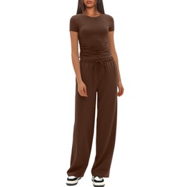 Darong Women's 2 Piece Outfits Casual Short Sleeve Crop Tops and Wide Leg Pants Lounge Sets Tracksuits 9087B Coffee M