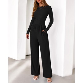 BTFBM Jumpsuits For Women Dressy Casual Fall Clothes 2025 Long Sleeve Knit Ruched Business Lounge Pants Rompers Pockets(Black, XX-Large)