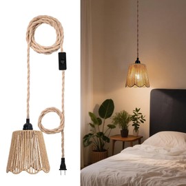 Boho Plug in Pendant Lights Hanging Lamps with Plug in Cord, Ceiling Lamp Rattan Round Lamp Shade On-Off Switch Bohemian Decor for Hanging Plant Shelf Shelves Bedroom Living Room Corner