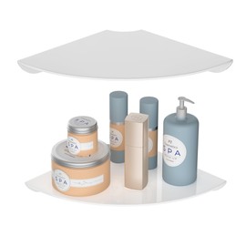 Sezanrpt 9.5x9.5 Inch Acrylic Corner Floating Shelf Set of 2, White Corner Wall Shelf for Home Décor, Speakers, Security Cameras, Toileries, Plants, Figures, Cosmetics, Books