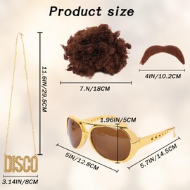 4 PCS Disco Hippie Costume Men Hippie Costume Set, 70s Fancy Dress Men Funky Afro Wig for Men 70s 80s Afro Hippy Wig Hippie Funky Sunglasses Disco Necklace Fake Mustache for Kids Mens Women (Brown)