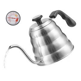 AHILAX Hervidor de Agua con Termómetro Cafetera Acero Inoxidable 1L, Café Tetera de Cuello de Cisne Mango Antioxidante para Café Goteo a Mano, Prensa Francesa y Té para Estufa & Cualquier Fuente Calor