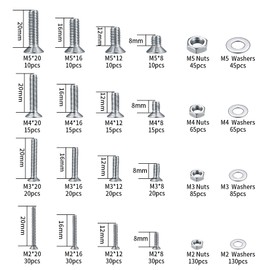 950 Pcs Flat Head Screws, Nuts, and Washers Assortment Kit, M2/M3/M4/M5 Hex Socket Bolts, Countersunk Screws with Hex Nuts Washers Set for Various Applications (950 silver)