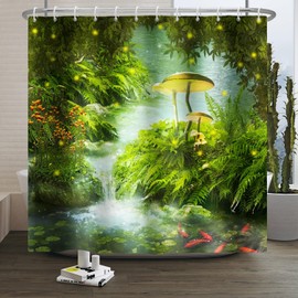Xiaoterna Fairy Tale Fantastic Forest Shower Curtain Spring Fairytale Enchanted Forest Green Bathroom Curtain Grass Fish Glowworm Shower Curtain Machine Washable Waterproof Fabric 180x180cm
