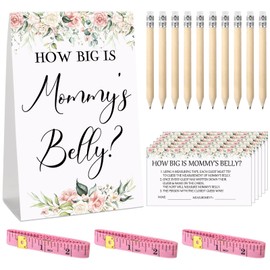 Sabary 64 Pcs Guess Baby Shower Games Include How Big is Mommy's Belly Sign Measure Baby Bump Game 50 Guessing Cards 10 Pencils 3 Measuring Tapes for Baby Shower Party(Flower)