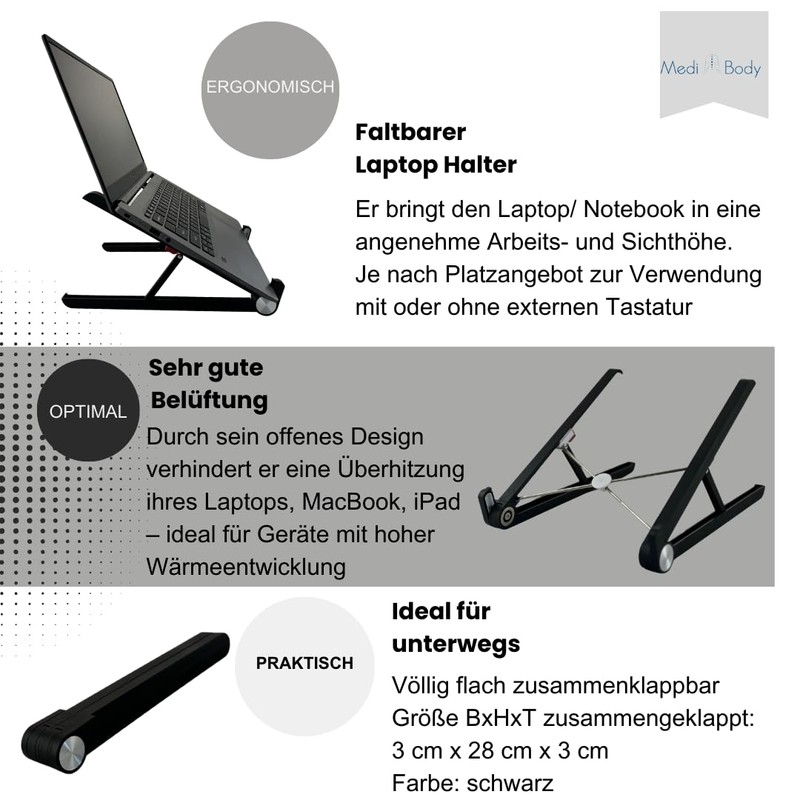 Medi Body Laptop Stand Height Adjustable, Black, Foldable, Non-Slip, Notebook