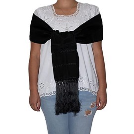 Typical Mexican Rebozo or Chalina, Mexican Pashmina Shawl (94" x 24.5"), Black, One Size