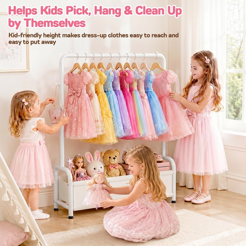Kids Clothing Rack with Storage Basket Sturdy U-Shaped Dress Up