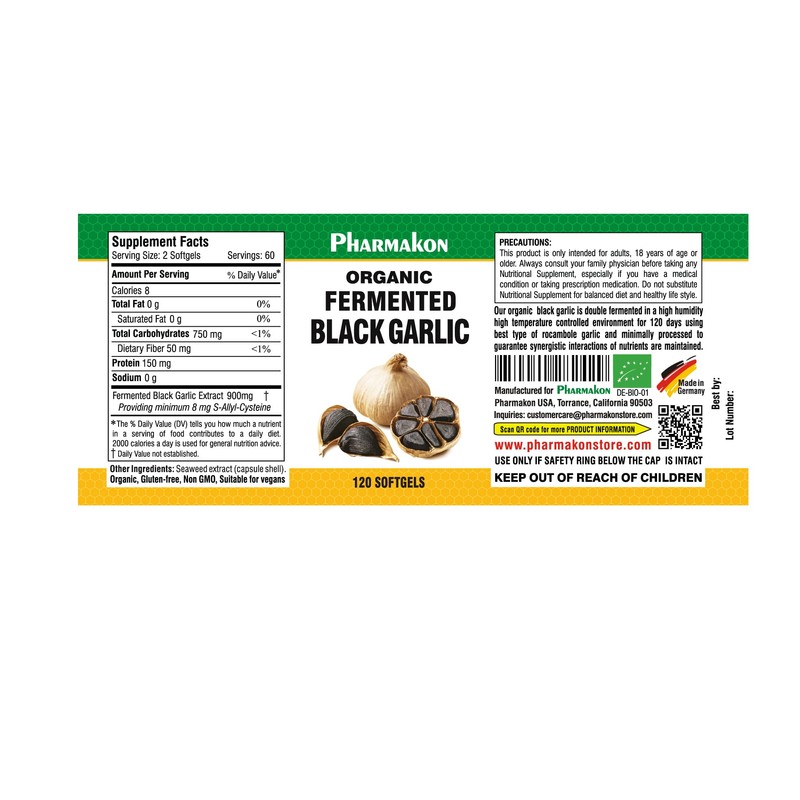 PHARMAKON Organic Aged Black Garlic, Bioavailable Soft Capsules, Wholesome, Reduced