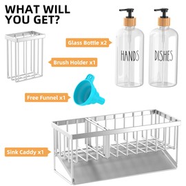 Cisily Kitchen Soap Dispenser Set with Pump, 16OZ Glass Bottle and Rustproof 304 Stainless Steel Sponge Holder, Hand and Dish Soap Dispenser Set for Kitchen Sink Organizer Decor