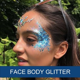 Body Face Glitter Makeup for Kids Women, Sparkly Chunky Hair Glitter, Mermaid Birthday Decorations Rave Outfits for Women (Blue Body Glitter)