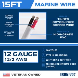 Iron Forge Cable 12 Gauge Marine Wire - 15 Foot, 12 AWG Cable for Boat Wiring, 12/2 Tinned Copper Duplex Marine Grade Outdoor Electric Wire for Boat, Dock, RV, Solar, and Automotive