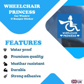 Novelty Fun Disabled Wheelchair Princess Car Bumper Sticker Decal, Humorous Design with Wheelchair Symbol, Water/Weather/Sun Resistant, Premium Vinyl Quality - 100mm x 100mm