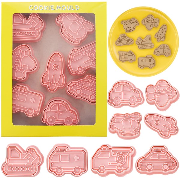 BREYLEE Vehicle A-Shaped Cookie Cutter, Set of 8, Car, Rockets, Bus, Ambulance, Shovel Car, Helicopter, Aircraft, Confectionery, Kitchen, Confectionery, Presentation Type, Kitchen, Lunch Box, Handmade Birthday Gift, Gift