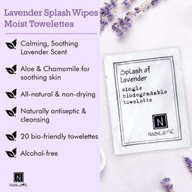 Splash of Lavender Scented Moist Towelettes Single Use by Nabila K - Alcohol-Free, Plant-Based with Natural Ingredients - Individually Wrapped Disposable Travel Size Wipes with Bamboo Case - 20 Count