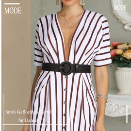 JasGood Straw Braided Elastic Belt for Women Wide Waist Belt Rattan Woven Boho Belt for Dresses, B-black