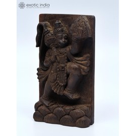 Exotic India 7" Lord Hanuman Carrying Sanjeevani | Wood Carved Statue - Wood Carved Statue