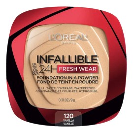 L'Oréal Paris Infallible 24H Fresh Wear, Base de Maquillaje en Polvo con SPF 25+, Alta Cobertura con Acabado Mate, Larga Duración y Control de Brillo, Tono 120 Vainilla
