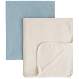 Konssy Knit Baby Blanket 2 Pack, Soft Ribbed Swaddle Receiving Blankets for Boys & Girls, Lightweight Cozy Warm Crib Blanket for Newborns, Infants, & Toddlers, 33x42 Inch (Blue, Beige)