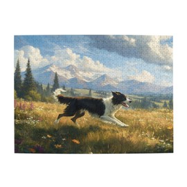 500 Piece Border Collie Puzzle for Adults – Running Dog in Meadow Flower Meadow with Mountain Landscape, Nature Scenery Jigsaw for Relaxation and Focus